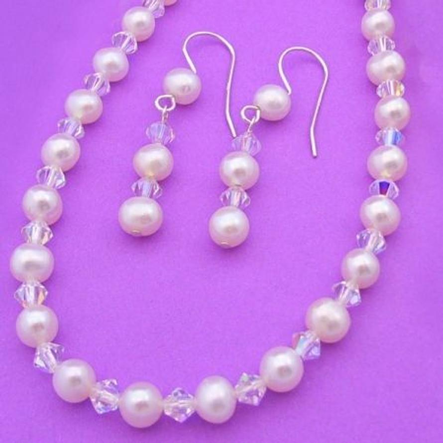 STERLING SILVER 4mm SWAROVSKI CRYSTAL & 5.5mm FRESHWATER PEARL EARRING AND NECKLACE SET