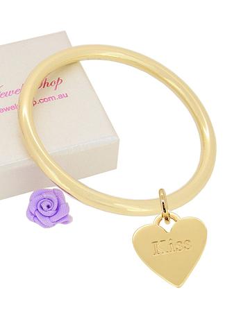 9ct Yellow Gold 4mm Golf Bangle Heart Tag Charm All Sizes Baby to Adult