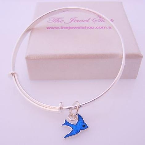 Sterling Silver Baby Child 40mm-48mm Expandable Bangle With 10mm Bluebird of Happiness Charm