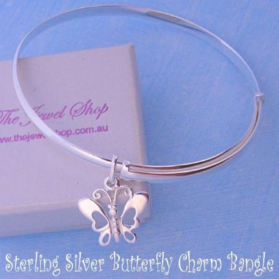 STERLING SILVER 60mm-68mm EXPANDABLE BANGLE WITH 15MM BUTTERFLY CHARM