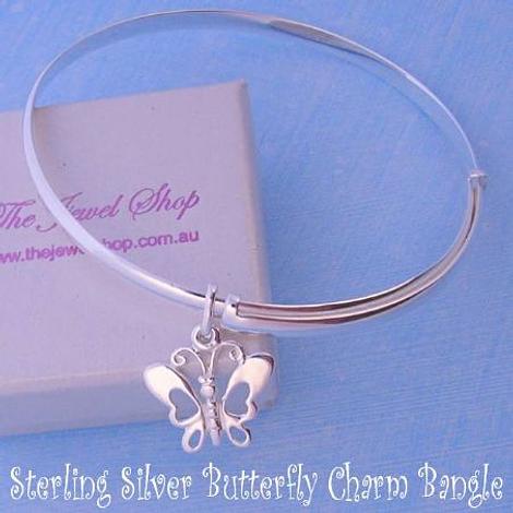 Sterling Silver 60mm-68mm Expandable Bangle With 15mm Butterfly Charm