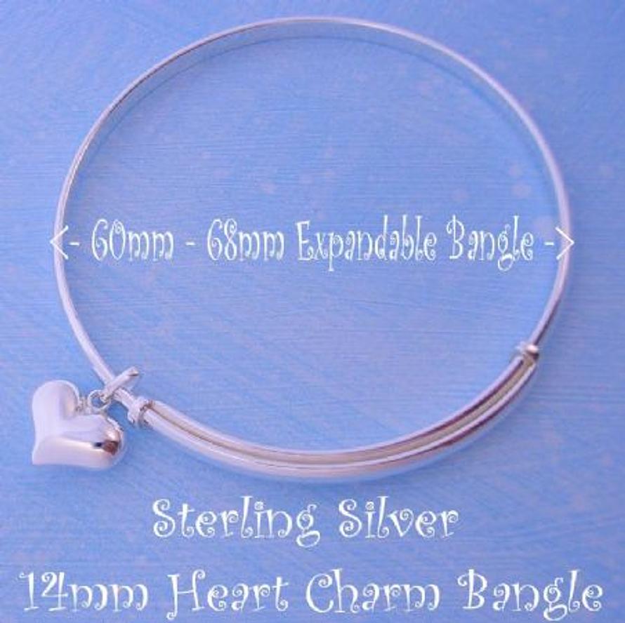 STERLING SILVER 60mm-68mm EXPANDABLE BANGLE WITH 14MM LOVE HEART CHARM
