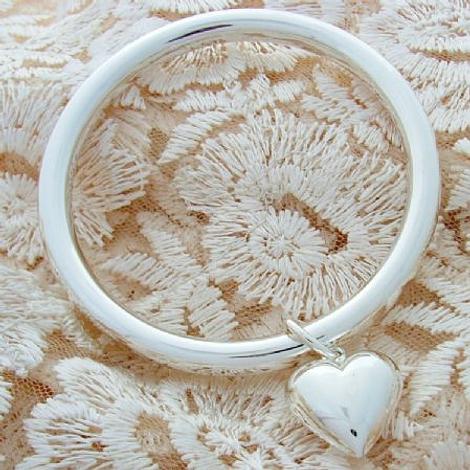 Sterling Silver 7mm Round Golf Bangle With 19mm Puffed Heart