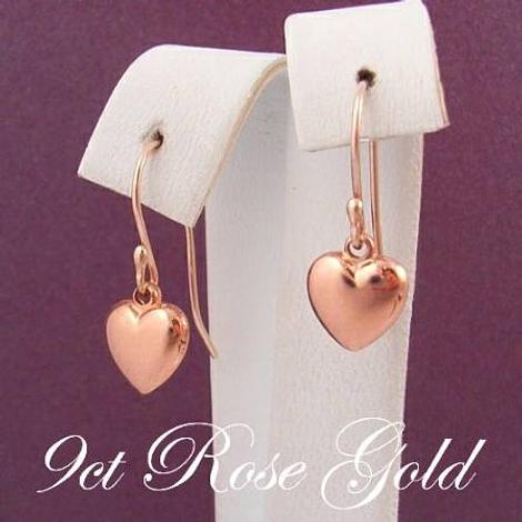 9ct Rose Gold 8mm Heart Charm Drop Hook Earrings