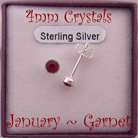 January Garnet Sterling Silver 4mm Crystal Earrings