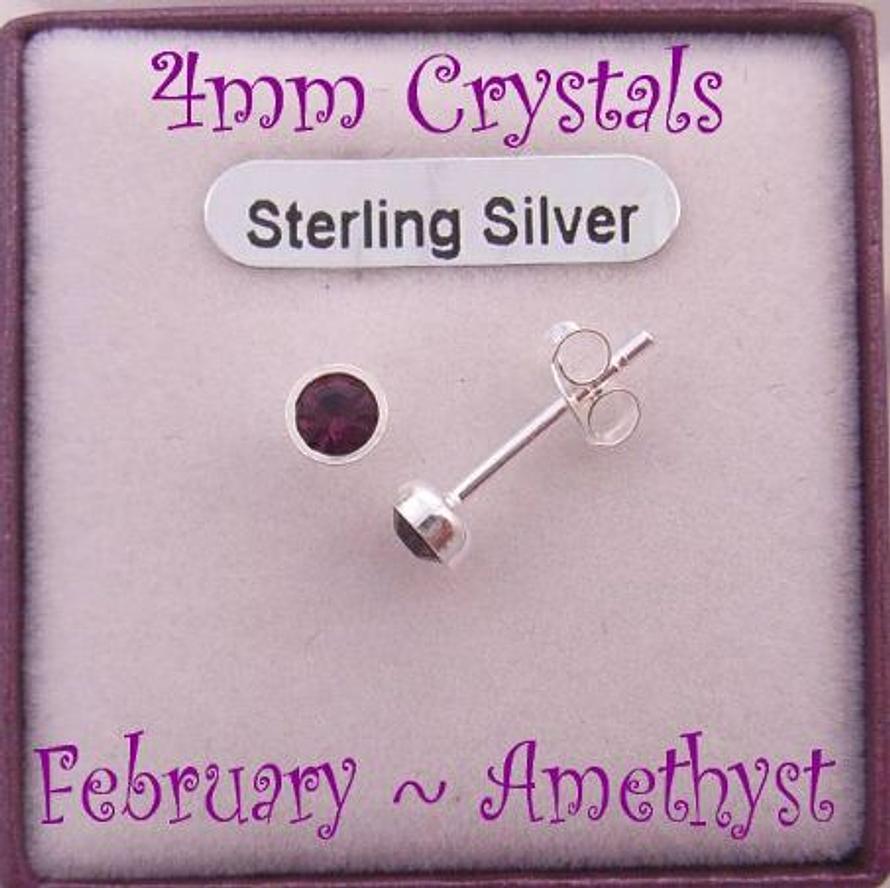 FEBRUARY AMETHYST STERLING SILVER 4mm CRYSTAL EARRINGS