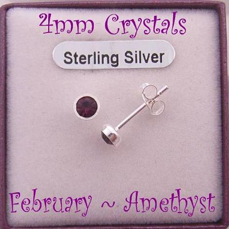February Amethyst Sterling Silver 4mm Crystal Earrings