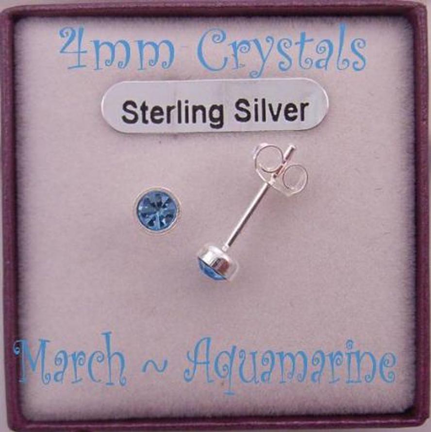 MARCH AQUAMARINE BLUE STERLING SILVER 4mm CRYSTAL EARRINGS