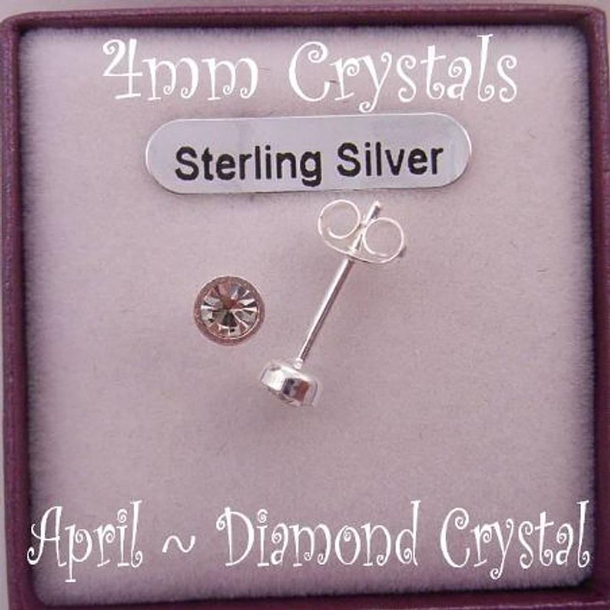 APRIL CRYSTAL DIAMOND STERLING SILVER 4mm CRYSTAL EARRINGS