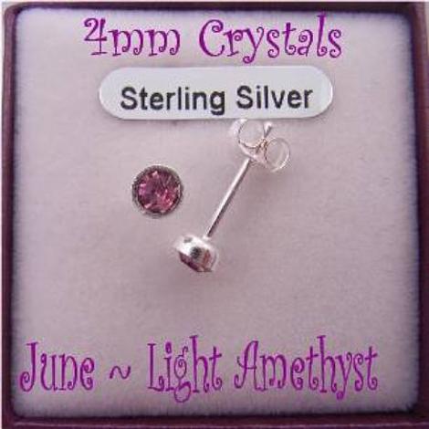 June Light Amethyst Birthstone Sterling Silver 4mm Crystal Earring