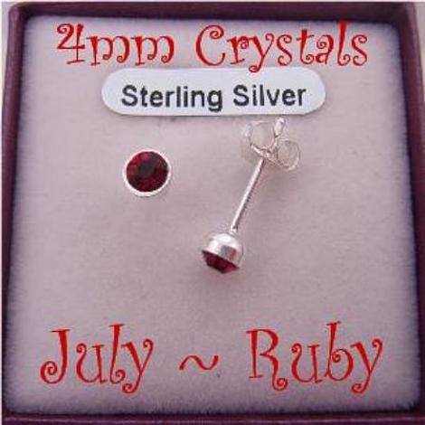 July Ruby Red Birthstone Sterling Silver 4mm Crystal Earrings