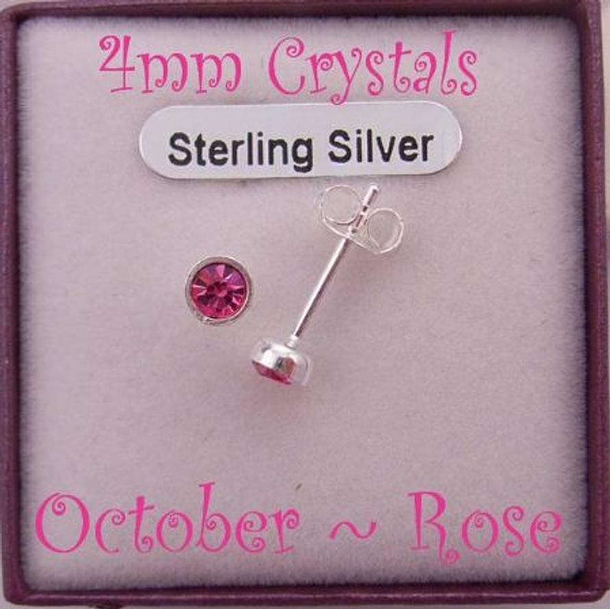 OCTOBER PINK ROSE BIRTHSTONE STERLING SILVER 4mm CRYSTAL EARRINGS