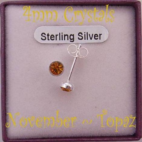 November Topaz Birthstone Sterling Silver 4mm Crystal Earrings