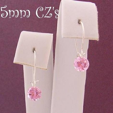 Sterling Silver 5mm Pink Cz Drop Safety Hook Earrings