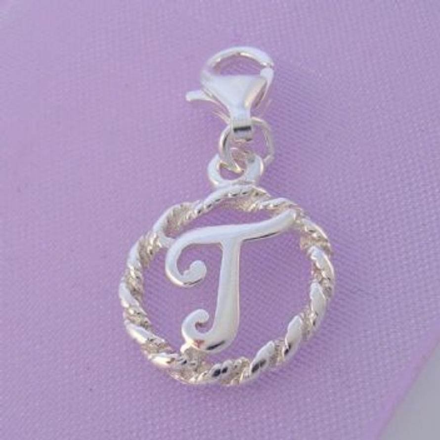 STERLING SILVER 12mm ALPHABET INITIAL CLIP ON CHARM LETTER T -CH-SS-HR1171-T