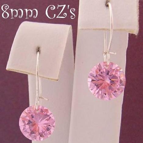 Sterling Silver 8mm Pink Cz Drop Safety Hook Earrings