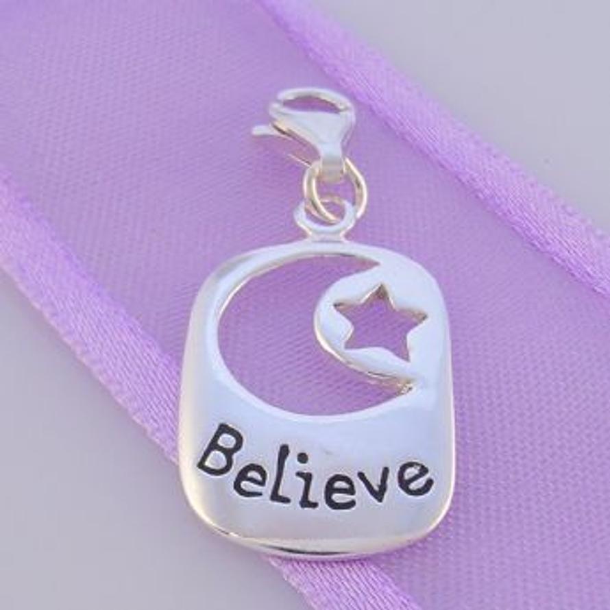 STERLING SILVER MOON STAR BELIEVE AFFIRMATION CLIP ON CHARM -FM-H20-1105JC