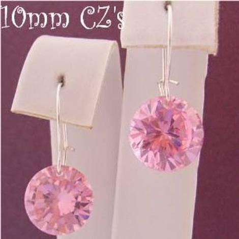 Sterling Silver 10mm Pink Cz Drop Safety Hook Earrings