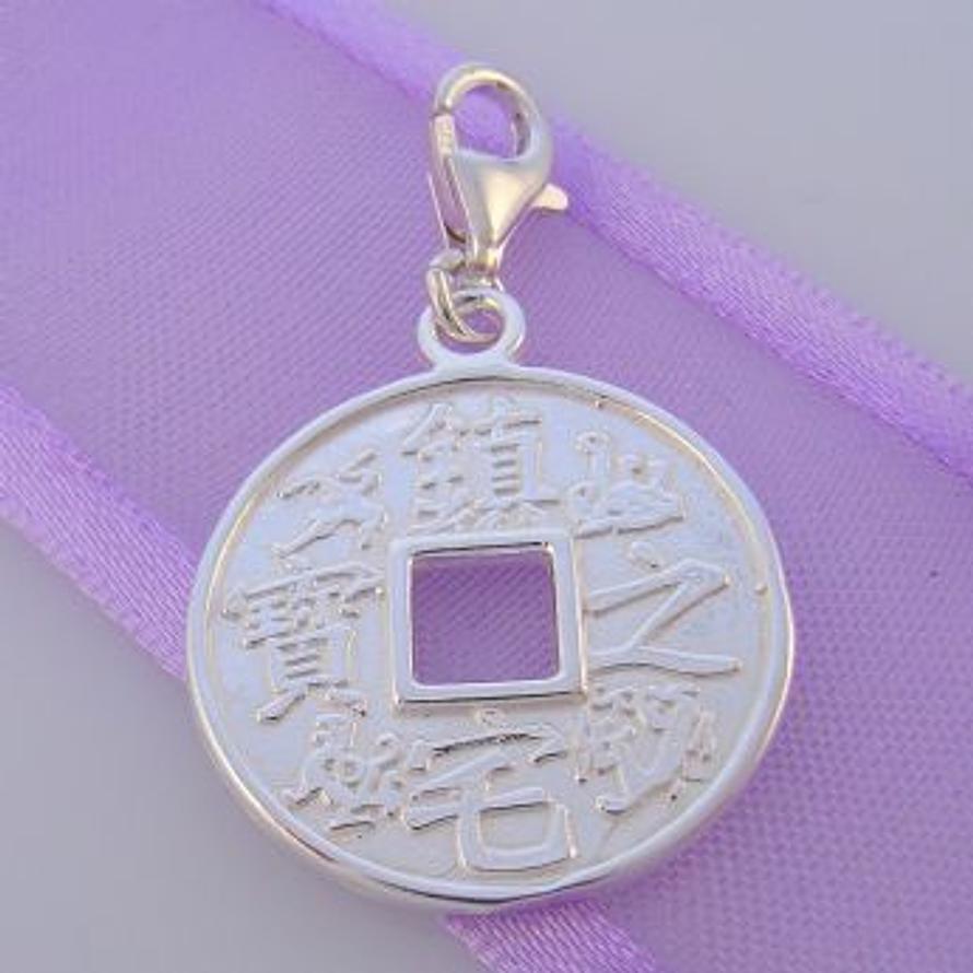 STERLING SILVER CHINESE COIN GOOD LUCK CLIP ON CHARM HR3404