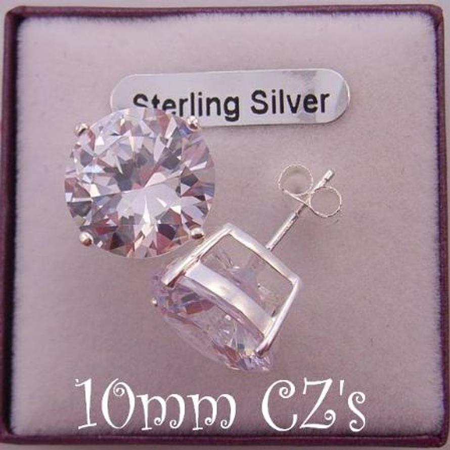STERLING SILVER 10mm MANMADE DIAMOND CZ CUBIC ZIRCONIA STUD EARRINGS