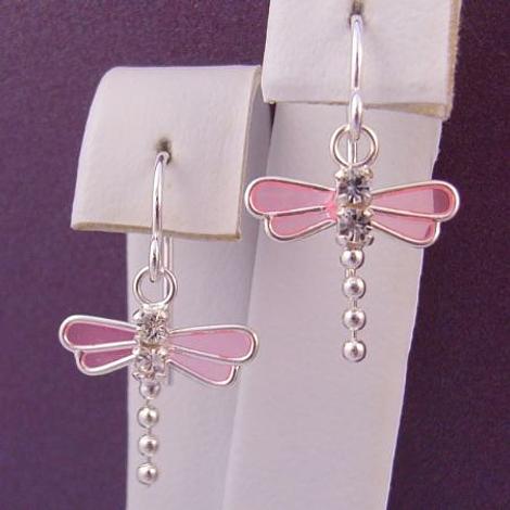 Sterling Silver 14mm Pink Enamel Glazed Dragonfly Cz Hook Earrings