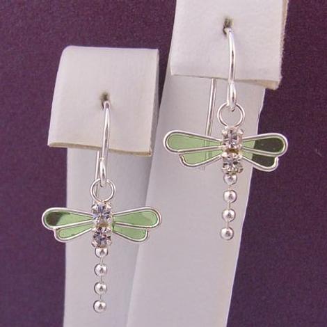 Sterling Silver 14mm Lime Green Enamel Glazed Dragonfly Cz Hook Earrings