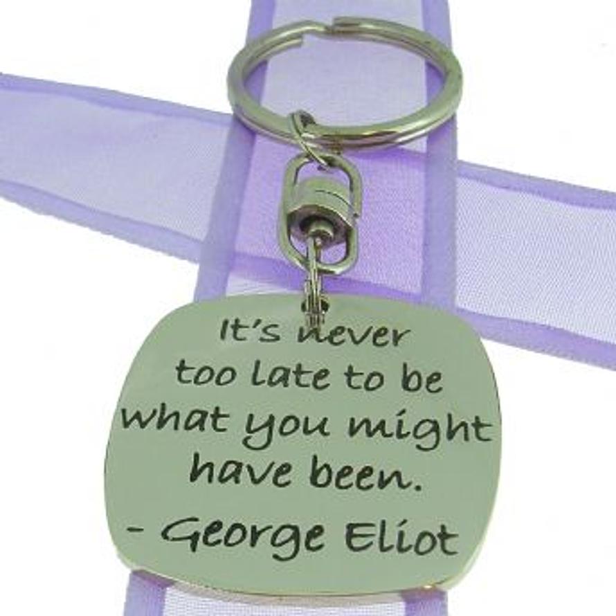 SQUARE POETIC AFFIRMATION KEY RING - It's never too late to be what you might have been- KC-1-72