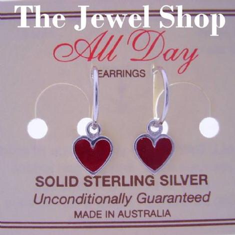 Sterling Silver 8mm Red Heart Charms Small 12mm Hinged Sleeper Earrings