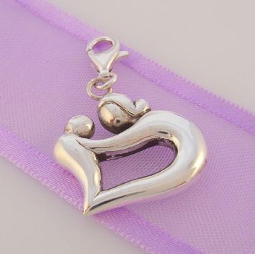 STERLING SILVER 19mm MOTHER CHILD HEART CLIP ON CHARM -925-93-923-686