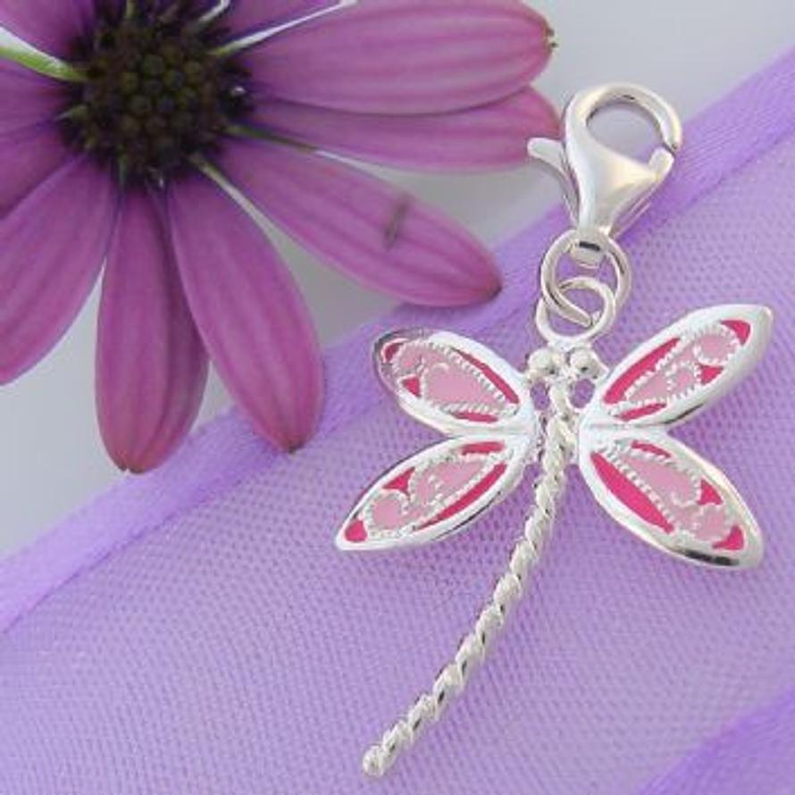 STERLING SILVER 16mm PINK DRAGONFLY CLIP ON CHARM - JC EW460