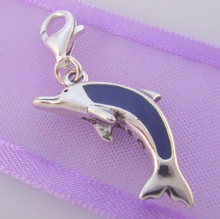 STERLING SILVER SEALIFE BLUE DOLPHIN 22mm CLIP ON CHARM - TI-03837