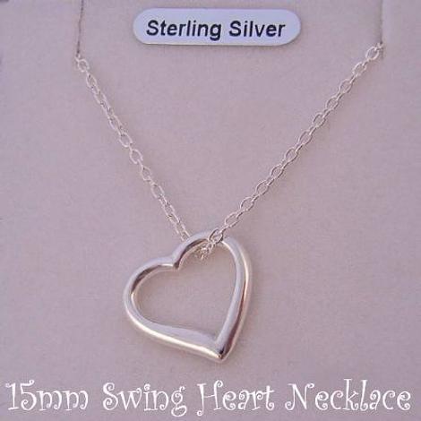 Sterling Silver 15mm Swing Heart Charm Pendant Cable Necklace 45cm