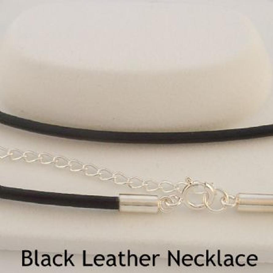 STERLING SILVER BLACK LEATHER CHAIN NECKLACE -N-925-BLK