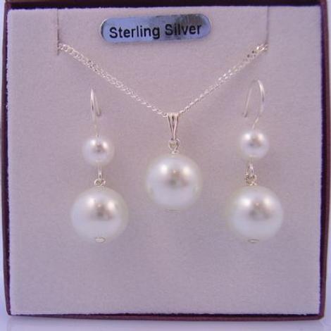Sterling Silver 6mm & 10mm White Faux Pearl Drop Hook Earrings and Matching 10mm Pearl Drop Necklace