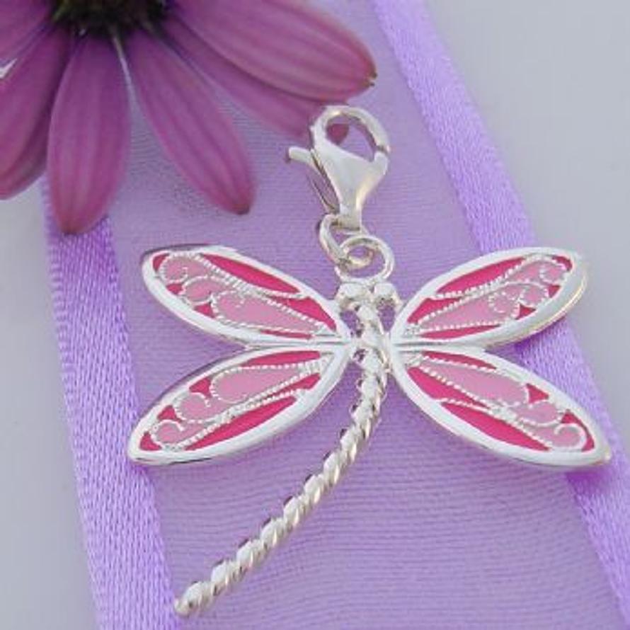 STERLING SILVER 24mm PINK DRAGONFLY CLIP ON CHARM - JC P440LP
