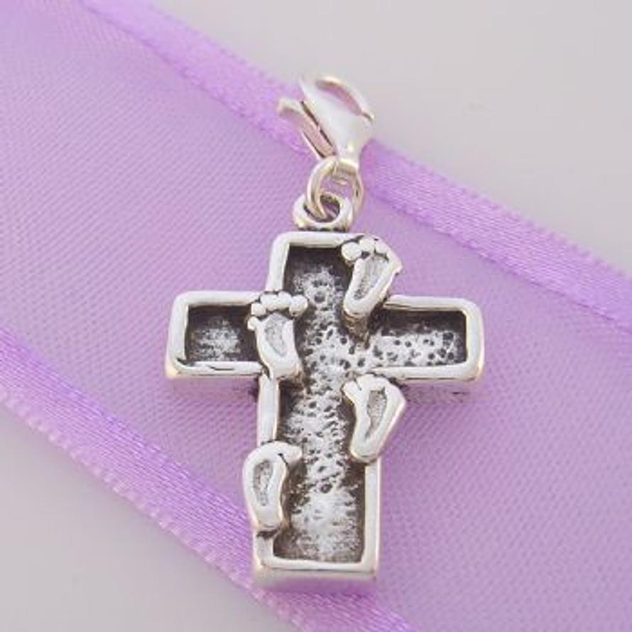 STERLING SILVER FOOT STEPS IN THE SAND PRINTS CROSS CLIP ON CHARM TI-09574