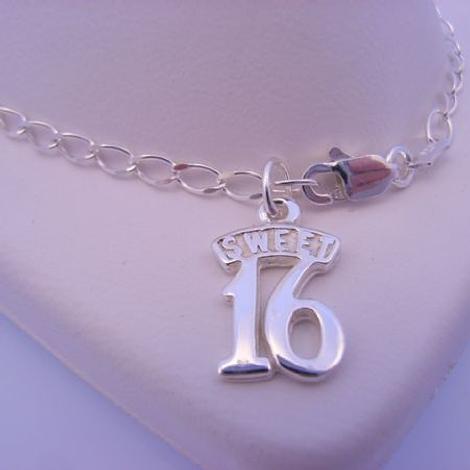 Sterling Silver Sweet 16 Birthday Charm Curb Bracelet 19cm