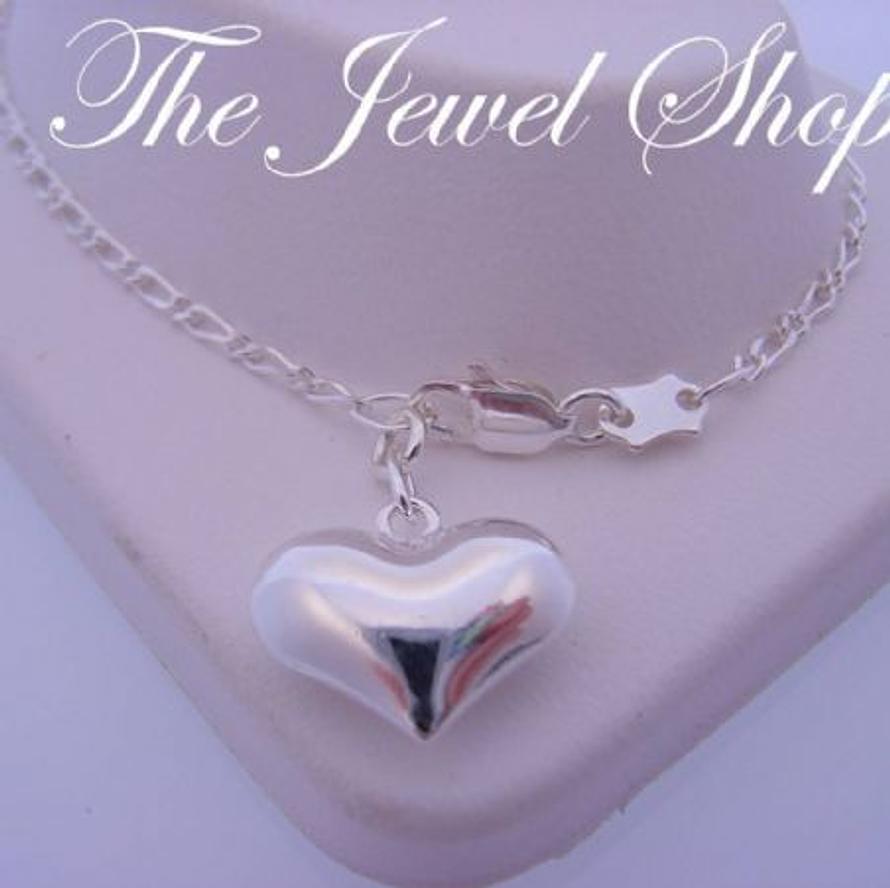 3g STERLING SILVER 14mm HEART FIGARO CURB CHAIN ANKLET 27cm