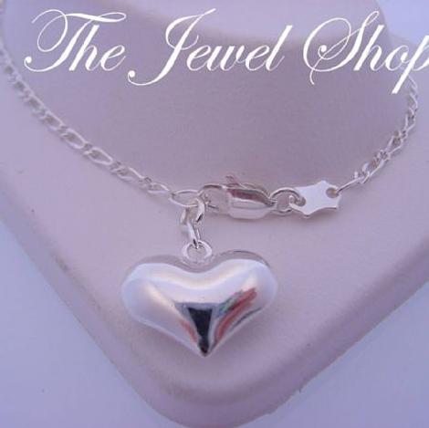 Sterling Silver 14mm Heart Figaro Curb Chain Anklet 27cm