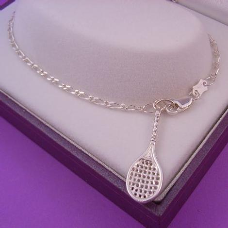 Sterling Silver Tennis Racquet Charm Figaro Anklet 25cm