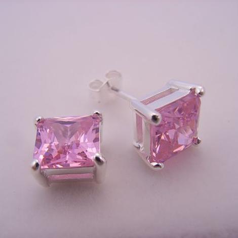7mm Pink Cz Princess Cut Sterling Silver Earrings