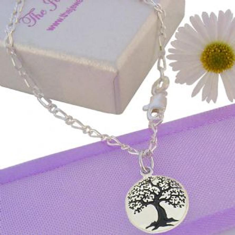 STERLING SILVER 1.7mm CURB FIGARO ANKLET CHAIN TREE OF LIFE