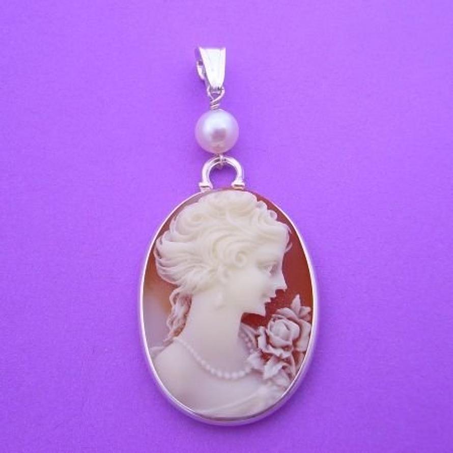 STERLING SILVER CAMEO PEARL NECKLACE PENDANT