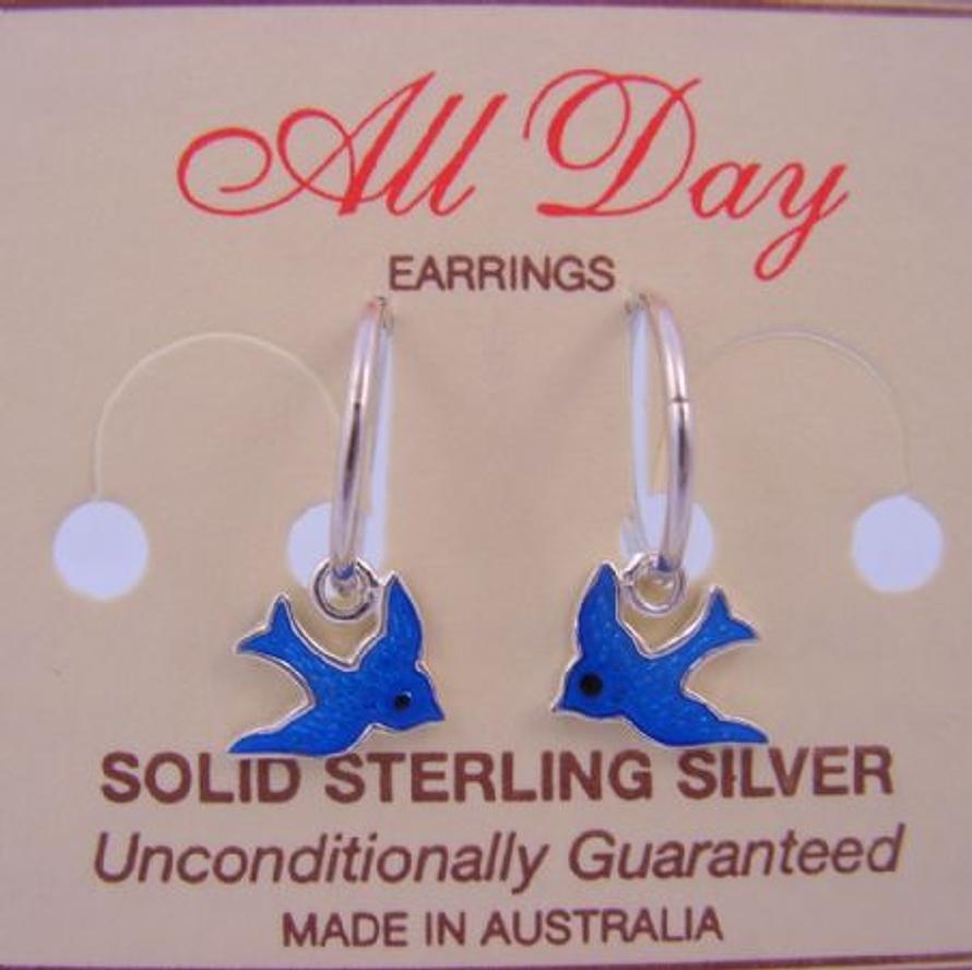 STERLING SILVER 10mm BLUEBIRD OF HAPPINESS CHARMS HINGED SLEEPER EARRINGS