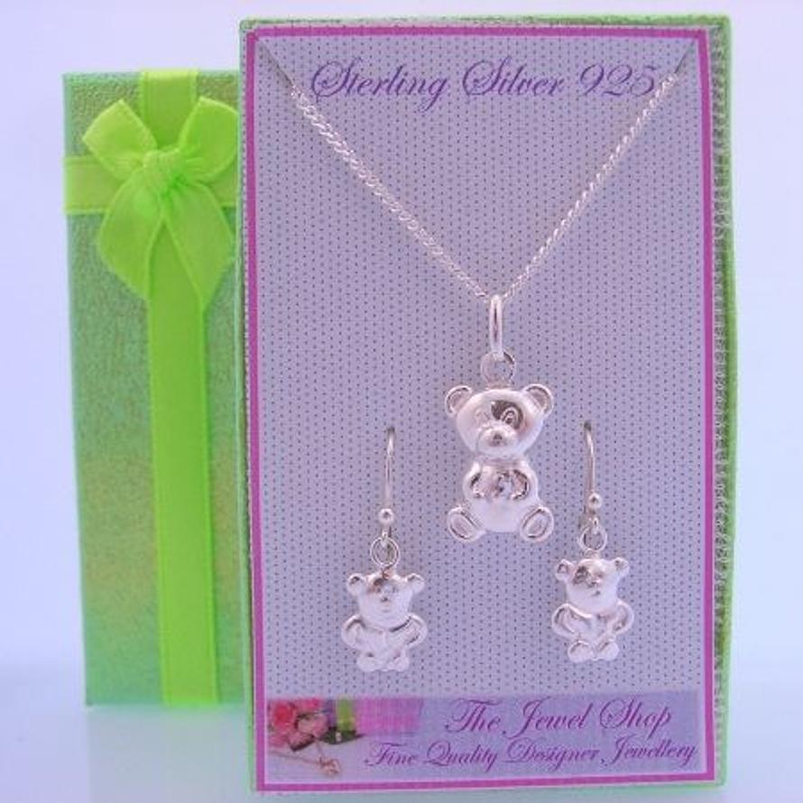 STERLING SILVER MATCHING TEDDY BEAR NECKLACE & EARRINGS GORGEOUS SHIMMERING GIFT BOX