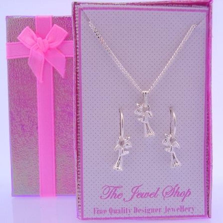 STERLING SILVER MATCHING GUARDIAN ANGEL CHARM NECKLACE & 12mm SLEEPER EARRINGS GORGEOUS SHIMMERING GIFT BOX