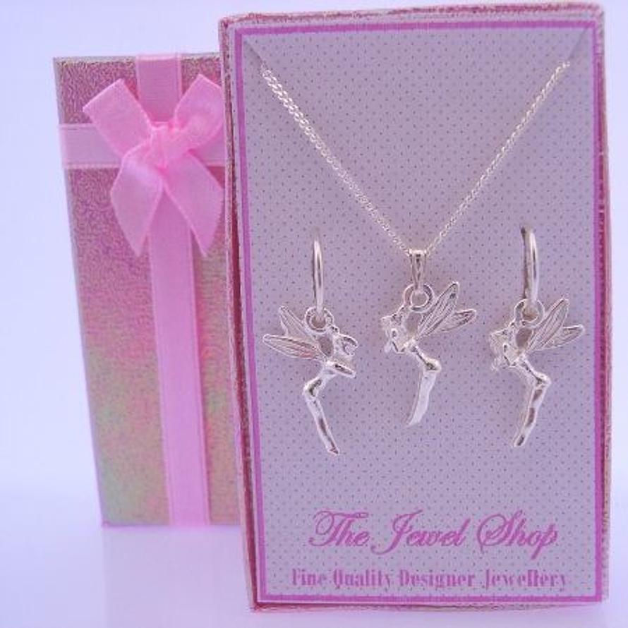 STERLING SILVER MATCHING TINKERBELL FAIRY NECKLACE & 12mm SLEEPER EARRINGS GORGEOUS SHIMMERING GIFT BOX