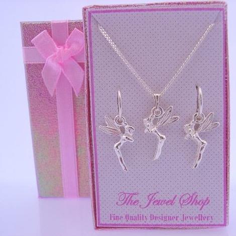 Sterling Silver Matching Tinkerbell Fairy Necklace & 12mm Sleeper Earrings Gorgeous Shimmering Gift Box