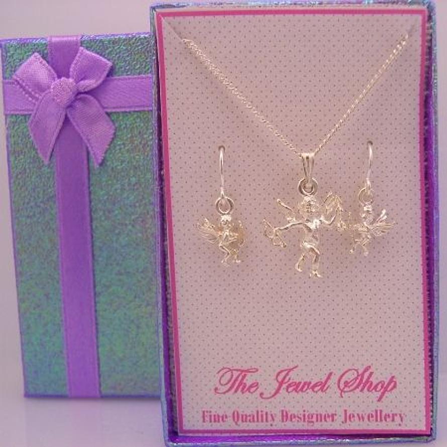 STERLING SILVER MATCHING CUPID LOVE ANGEL CHARM NECKLACE & EARRINGS GORGEOUS SHIMMERING GIFT BOX