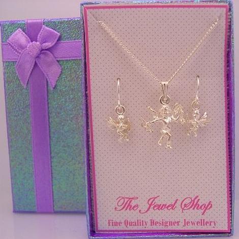 Sterling Silver Matching Cupid Love Angel Charm Necklace & Earrings Gorgeous Shimmering Gift Box